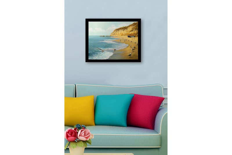 Kehystetty puutaulu canvasille - 41x56 cm - Rantamaisema lokkeilla ja veneellä rannikolla - Sininen / Beige / Vihreä - Sisustustuotteet - Taulu & taide