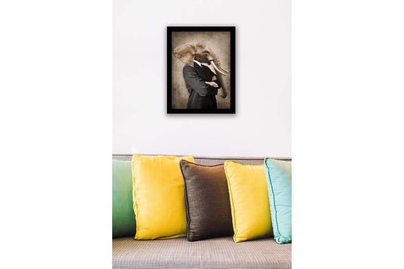 Kehystetty puukangas - 41x56 cm - Mies norsunpäällä puvussa - Harmaa / Ruskea / Musta - Sisustustuotteet - Taulu & taide