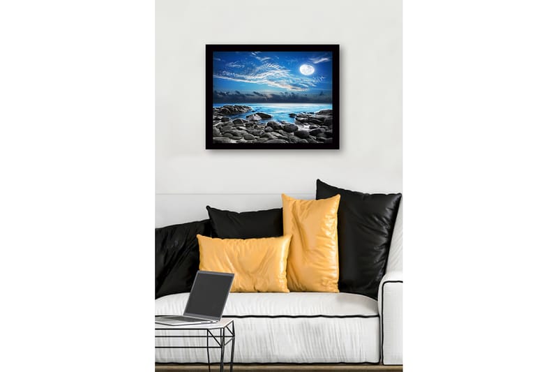 Kehystetty puucanvas - 41x56 cm - Tunnelmallinen merimaisema kuulla ja kivillä - Sininen / Harmaa / Valkoinen - Sisustustuotteet - Taulu & taide