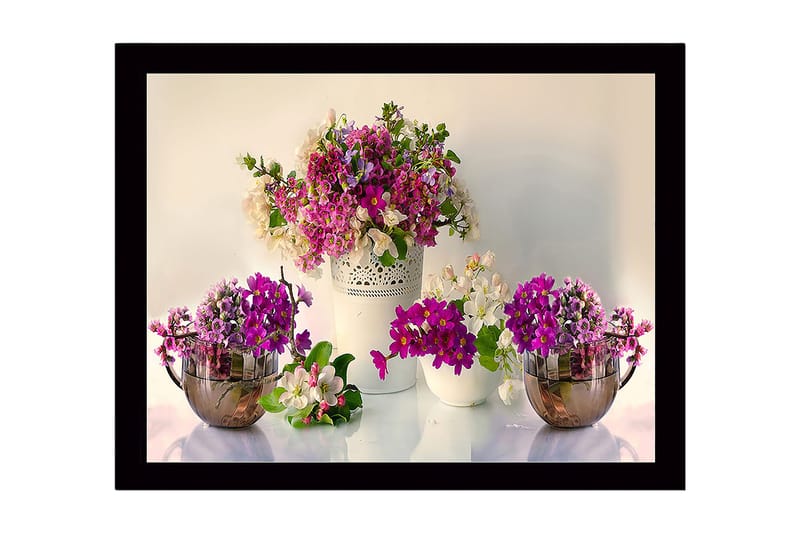 Kehystetty puutaulu canvasille - 41x56 cm - Värikäs kukkakimppu eri violetin ja valkoisen sävyissä, Violetti / Valkoinen