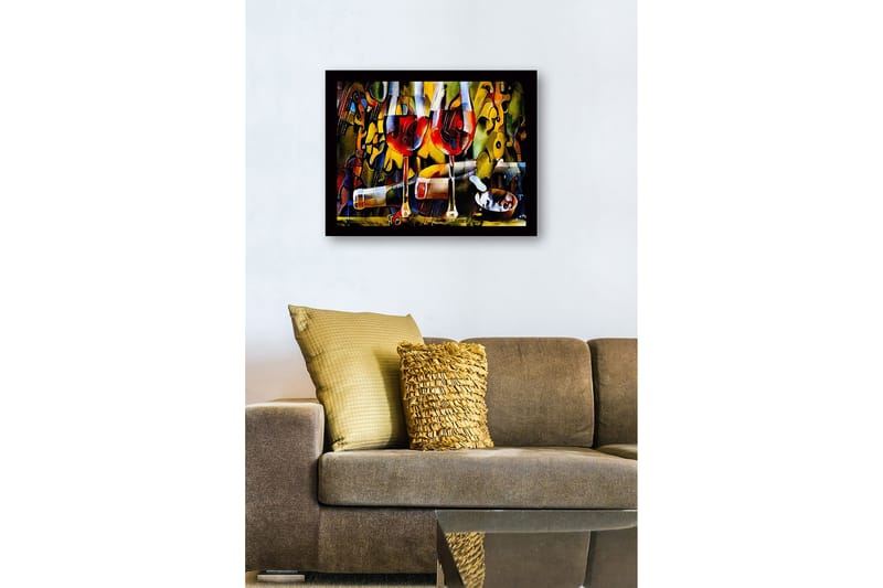 Kehystetty puutaulu canvasille - 41x56 cm - Kaksi viinilasia punaviinillä ja pullo eloisassa sommitelmassa - Punainen / Keltainen / Vihreä - Sisustustuotteet - Taulu & taide