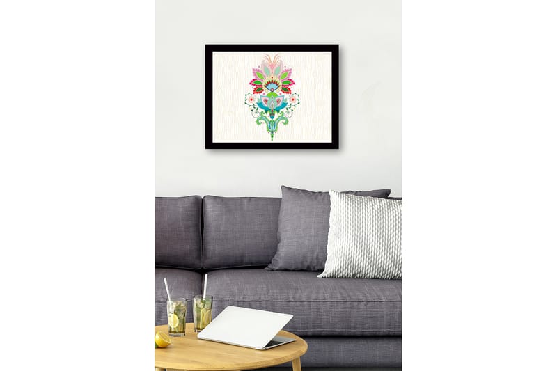 Kehystetty puutaulu canvasille - 41x56 cm - Värikäs kukka-asetelma yksityiskohtaisilla lehdillä ja kuvioilla - Vaaleanpunainen / Vihreä / Sininen - Sisustustuotteet - Taulu & taide