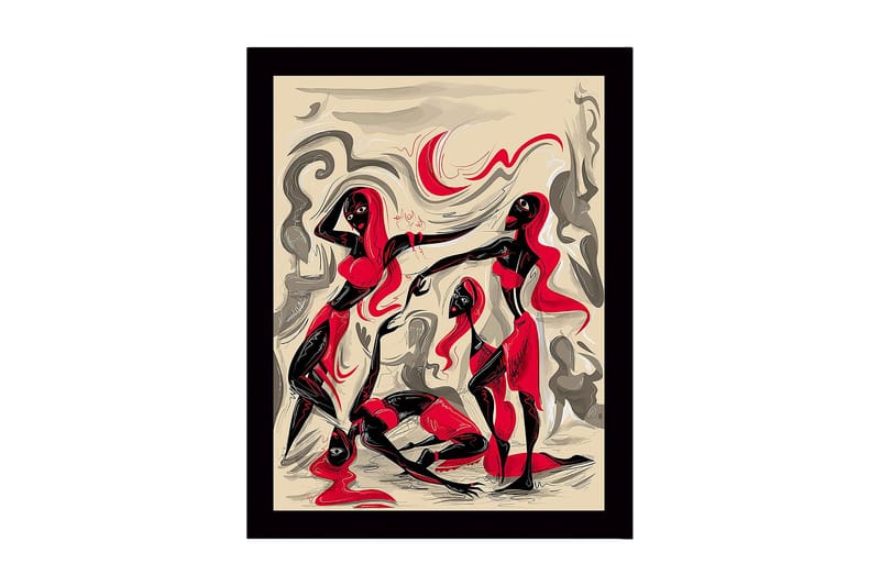 Kehystetty puukangas - 41x56 cm - Dynaaminen sommitelma, jossa kolme liikkuvaa hahmoa, Punainen / Musta / Beige