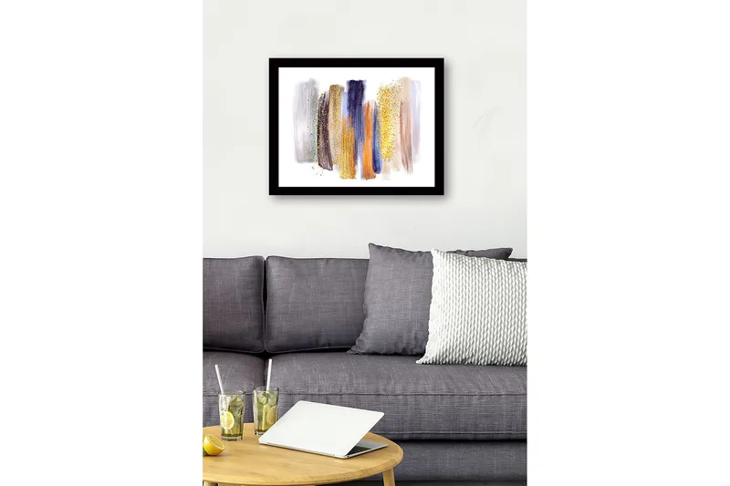 Kehystetty puukangas - 41x56 cm - Abstrakti sommitelma värikkäillä siveltimenvedoilla - Kulta / Sininen / Harmaa - Sisustustuotteet - Taulu & taide