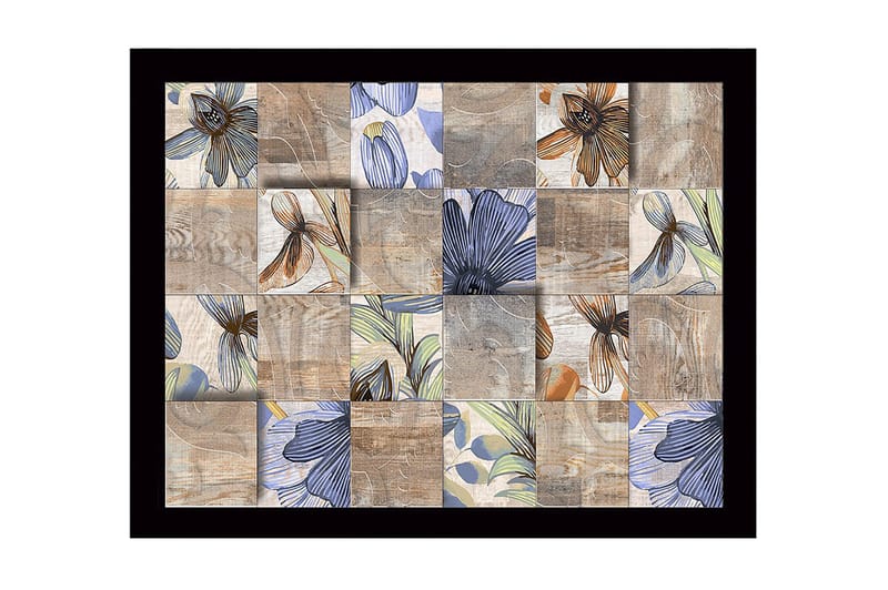 Kehystetty puukangas - 41x56 cm - Erivärisiä ja -muotoisia kukkia mosaiikkina, Beige / Sininen / Ruskea
