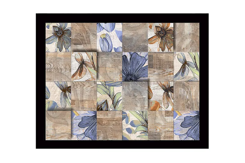 Kehystetty puukangas - 41x56 cm - Erivärisiä ja -muotoisia kukkia mosaiikkina, Beige / Sininen / Ruskea