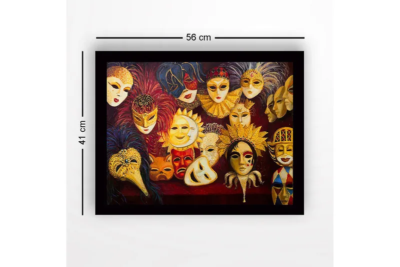 Kehystetty puutaulu canvasille - 41x56 cm - Värikkäitä naamioita erilaisilla ilmeillä ja yksityiskohdilla - Kulta / Punainen / Musta - Sisustustuotteet - Taulu & taide