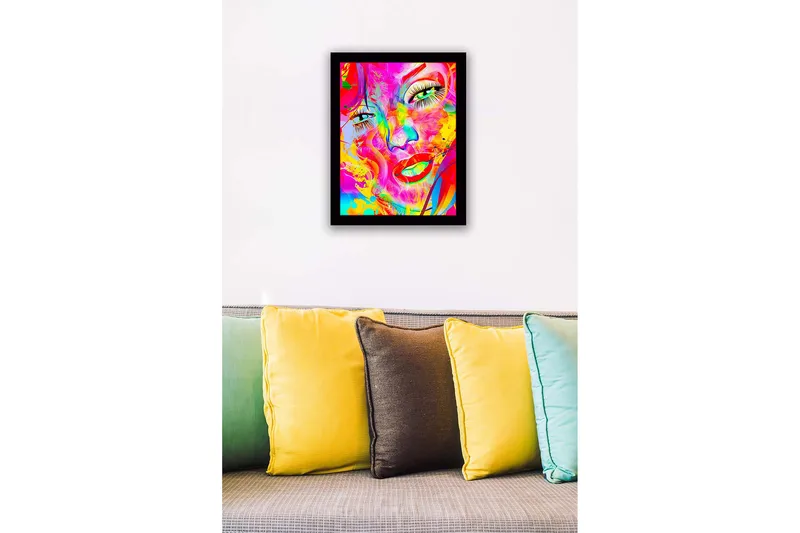 Kehystetty puukangas - 41x56 cm - Värikäs kasvokuva abstrakteilla elementeillä - Vaaleanpunainen / Keltainen / Vihreä - Sisustustuotteet - Taulu & taide