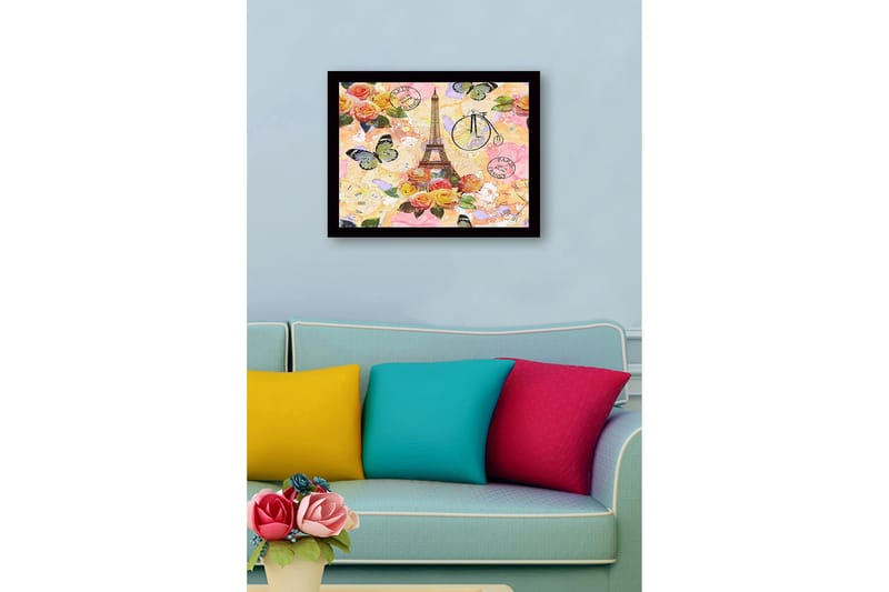 Kehystetty puutaulu canvasille - 41x56 cm - Eiffel-torni värikkäiden kukkien ja perhosten ympäröimänä - Vaaleanpunainen / Keltainen / Vihreä - Sisustustuotteet - Taulu & taide