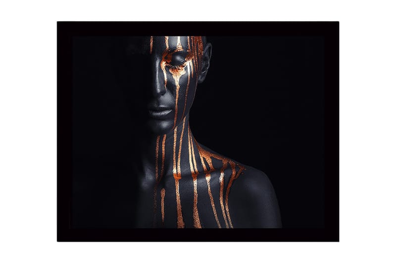 Kehystetty puukangas - 41x56 cm - Tumma hahmo, jonka kasvoilla ja vartalolla on kultaisia raitoja, Musta / Kulta