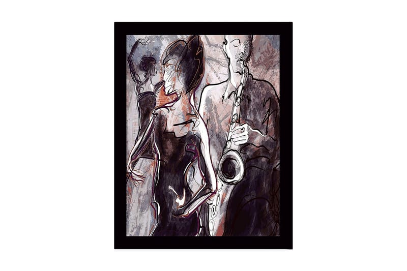 Kehystetty puinen canvas-taulu - 41x56 cm - Jazzmuusikko soittaa saksofonia tanssivien siluettien taustalla, Tummanpunainen / Harmaa / Musta