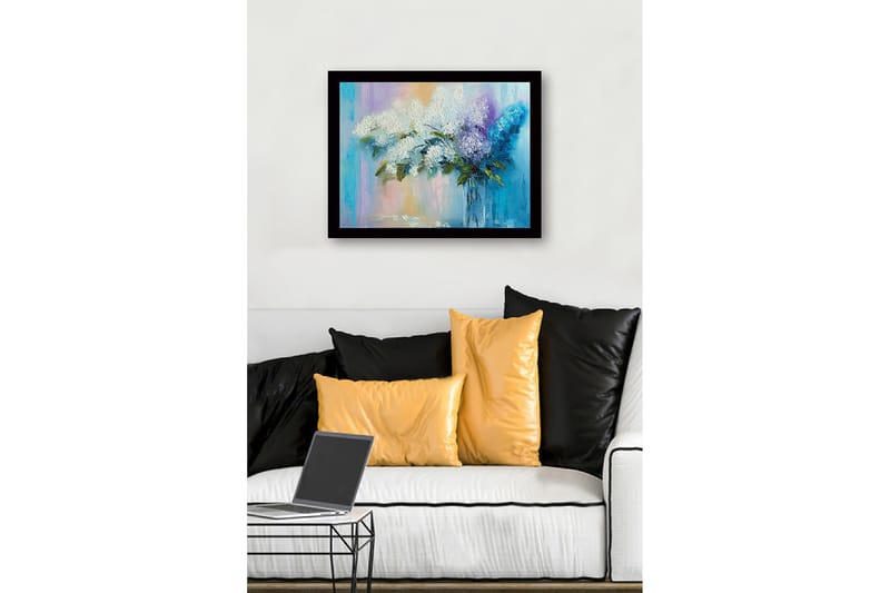 Kehystetty puutaulu canvasille - 41x56 cm - Värikäs syreenikimppu lasimaljakossa - Valkoinen / Violetti / Turkoosi - Sisustustuotteet - Taulu & taide