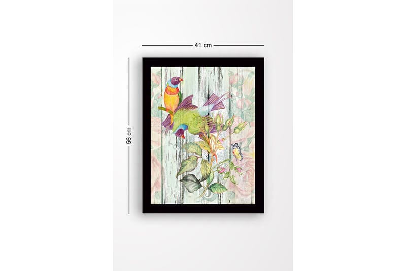 Kehystetty puutaulu canvasille - 41x56 cm - Värikkäitä lintuja kasvitieteellisessä sommitelmassa - Vihreä / Keltainen / Violetti - Sisustustuotteet - Taulu & taide