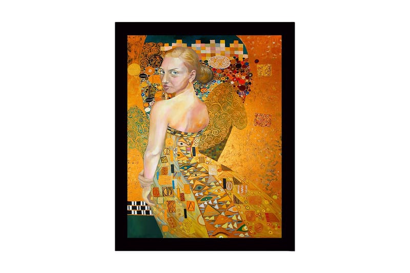 Kehystetty puutaulu canvasille - 41x56 cm - Muotokuva naisesta kultaisessa mekossa ja yksityiskohtaisissa kuvioissa, Kulta / Beige / Vihreä