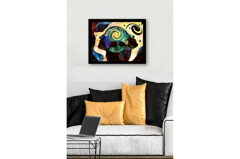 Kehystetty puupohja - 41x56 cm - Abstrakti sommitelma kasvoista, spiraaleista ja tähdistä - Tummansininen / Turkoosi / Punainen - Sisustustuotteet - Taulu & taide