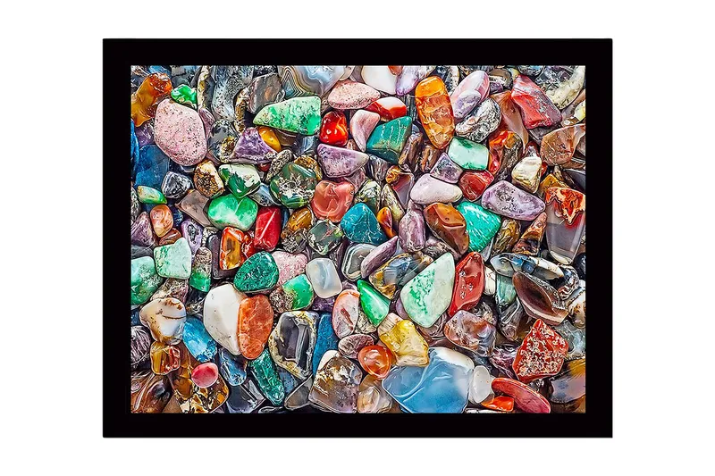 Kehystetty puutaulu canvasille - 41x56 cm - Värikkäitä jalokiviä rikkaassa muotojen ja sävyjen mosaiikissa, Vihreä / Punainen / Sininen