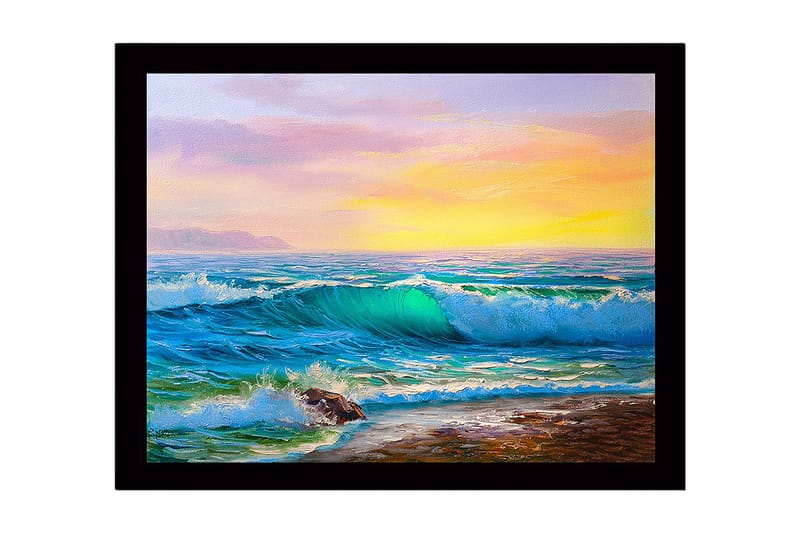 Kehystetty puinen canvas-taulu - 41x56 cm - Upea merinäköala aaltojen lyödessä rannalla, Turkoosi / Sininen / Oranssi