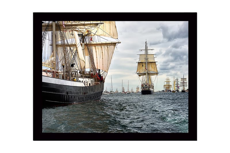 Kehystetty puutaulu canvasille - 41x56 cm - Purjeveneet myrskyisällä merellä, Tummansininen / Beige / Harmaa