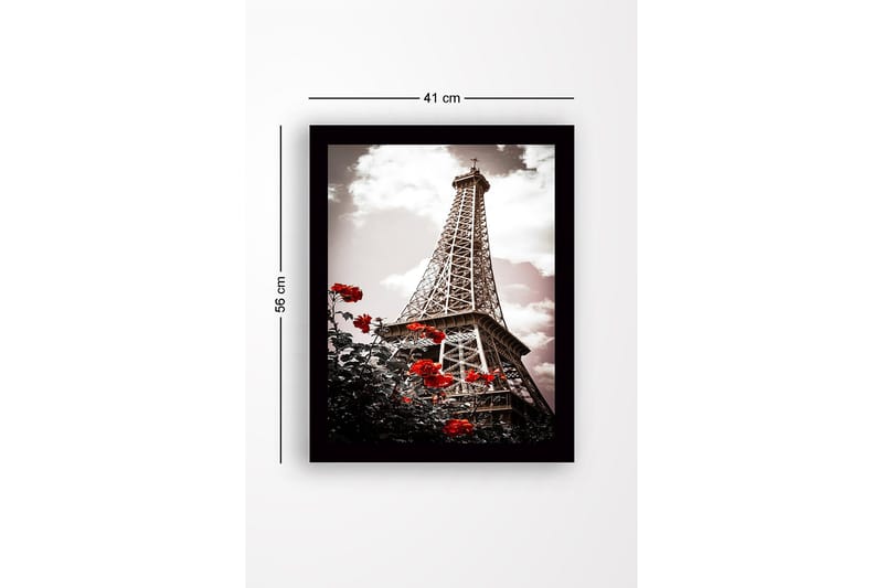 Kehystetty puutaulu canvasille - 41x56 cm - Eiffel-torni punaisten ruusujen ympäröimänä - Punainen / Musta / Harmaa - Sisustustuotteet - Taulu & taide