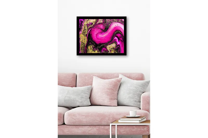 Kehystetty puukangas - 41x56 cm - Dynaaminen abstrakti sommitelma vaaleanpunaisilla ja kultaisilla elementeillä - Vaaleanpunainen / Kulta / Musta - Sisustustuotteet - Taulu & taide