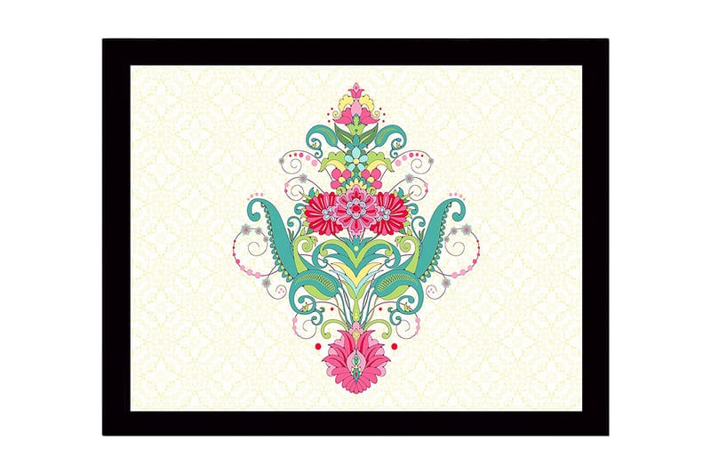Kehystetty puutaulu canvasille - 41x56 cm - Värikäs kukkakuosi spiraaleilla ja koristeellisilla yksityiskohdilla - Vihreä / Vaaleanpunainen / Turkoosi - Sisustustuotteet - Taulu & taide