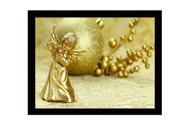 Kehystetty puukangas - 41x56 cm - Kultainen enkeli soittaa huilua, Kulta / Beige