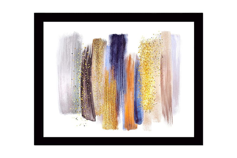 Kehystetty puukangas - 41x56 cm - Abstrakti sommitelma värikkäillä siveltimenvedoilla, Kulta / Sininen / Harmaa