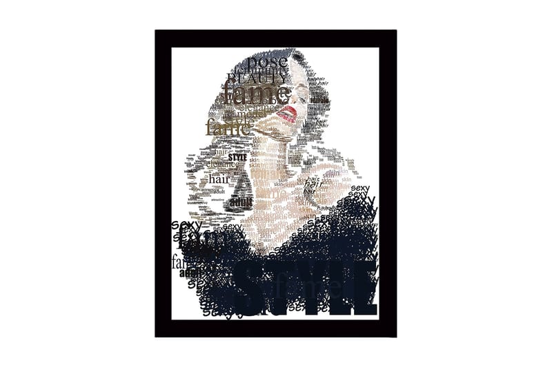 Kehystetty puinen canvas-taulu - 41x56 cm - Muotokuva naisesta, jota ympäröivät kauneutta ja tyyliä kuvaavat sanat, Musta / Beige / Ruskea