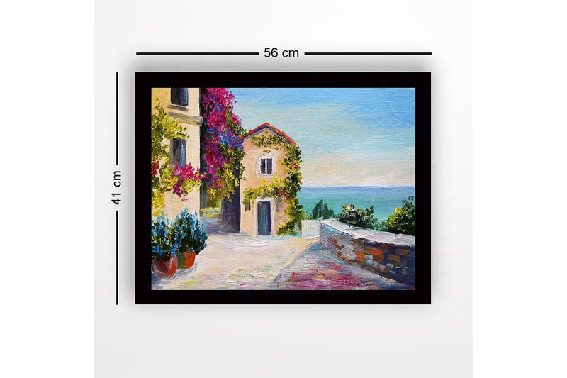 Kehystetty puutaulu canvasille - 41x56 cm - Kaunis rannikkonäkymä kukilla ja viehättävällä rakennuksella - Violetti / Vihreä / Sininen - Sisustustuotteet - Taulu & taide