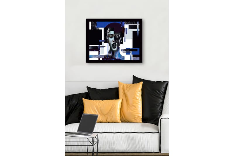 Kehystetty puucanvas - 41x56 cm - Abstrakti muotokuva naisesta geometrisilla muodoilla ja vahvoilla kontrasteilla - Tummansininen / Musta / Valkoinen - Sisustustuotteet - Taulu & taide