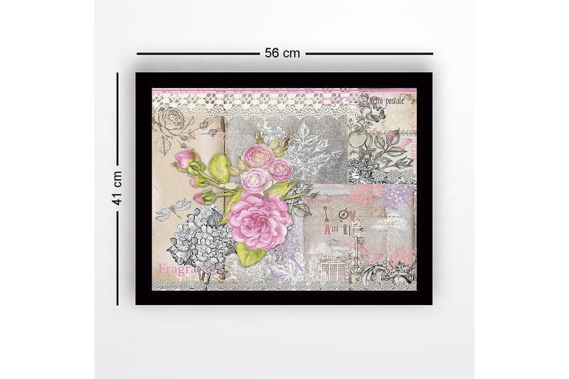 Kehystetty puutaulu canvasille - 41x56 cm - Kukkasommitelma vaaleanpunaisilla ruusuilla ja vintage-tyylisillä yksityiskohdilla - Vaaleanpunainen / Harmaa / Beige - Sisustustuotteet - Taulu & taide