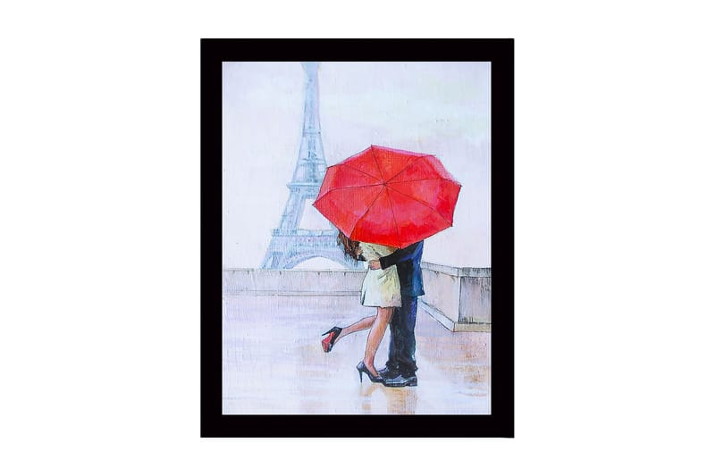 Kehystetty puinen canvas-taulu - 41x56 cm - Romanttinen suudelma punaisen sateenvarjon alla Pariisissa, Punainen / Beige / Sininen