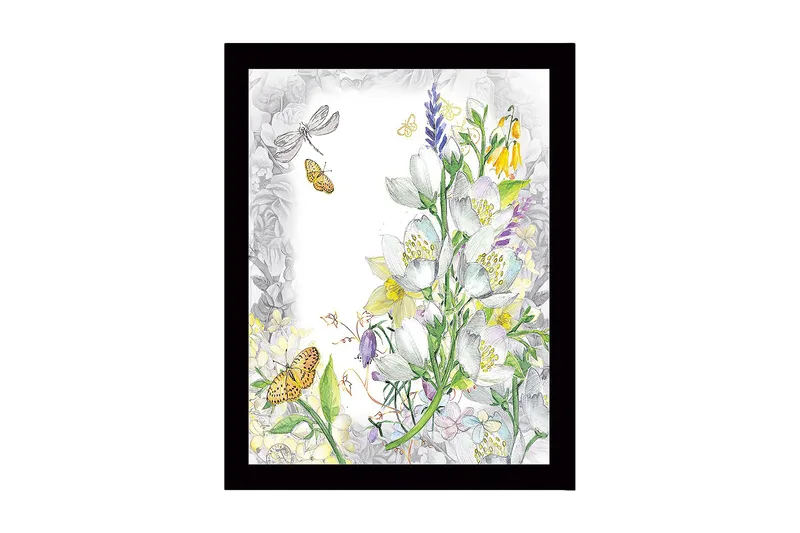 Kehystetty puukangas - 41x56 cm - Kukkasommitelma perhosilla ja hyönteisillä, Valkoinen / Keltainen / Vihreä