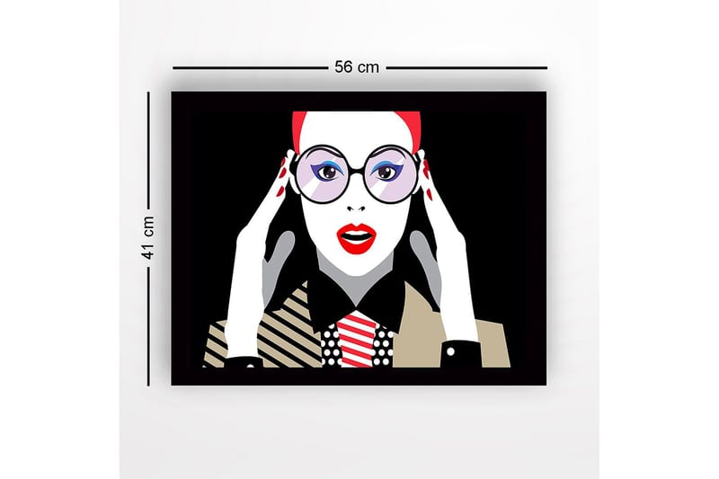 Kehystetty puinen canvas-taulu - 41x56 cm - Muotokuva naisesta, jolla on suuret silmälasit ja punainen huulipuna - Punainen / Musta / Valkoinen - Sisustustuotteet - Taulu & taide