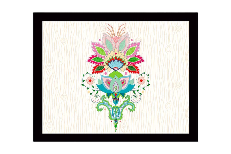 Kehystetty puutaulu canvasille - 41x56 cm - Värikäs kukka-asetelma yksityiskohtaisilla lehdillä ja kuvioilla, Vaaleanpunainen / Vihreä / Sininen