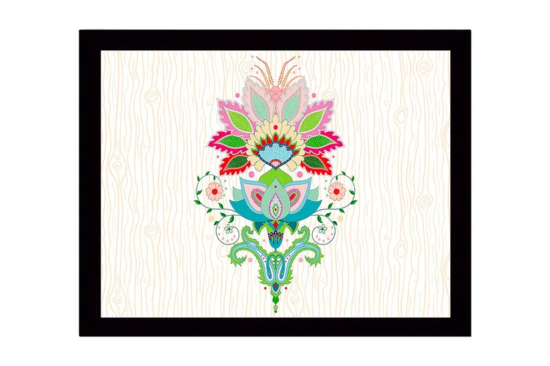 Kehystetty puutaulu canvasille - 41x56 cm - Värikäs kukka-asetelma yksityiskohtaisilla lehdillä ja kuvioilla, Vaaleanpunainen / Vihreä / Sininen