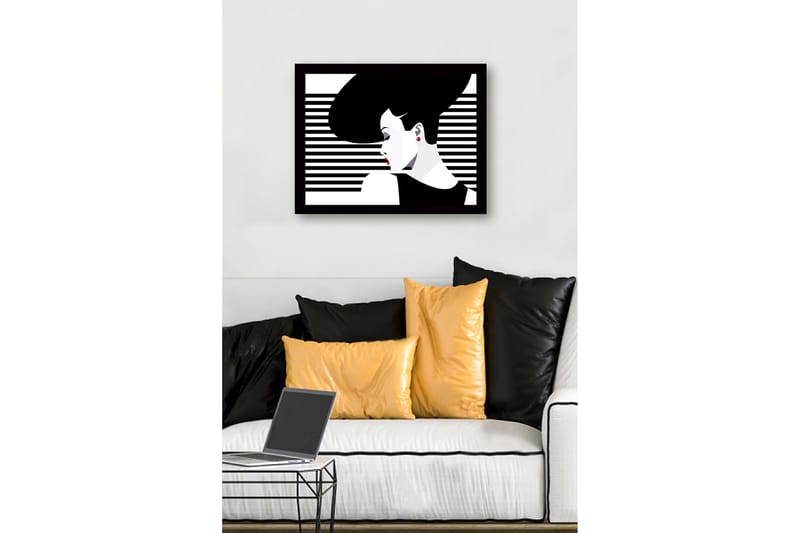 Kehystetty puutaulu canvasille - 41x56 cm - Tyylitelty nainen, jolla on suuret hiukset ja punaiset huulet - Musta / Valkoinen / Punainen - Sisustustuotteet - Taulu & taide