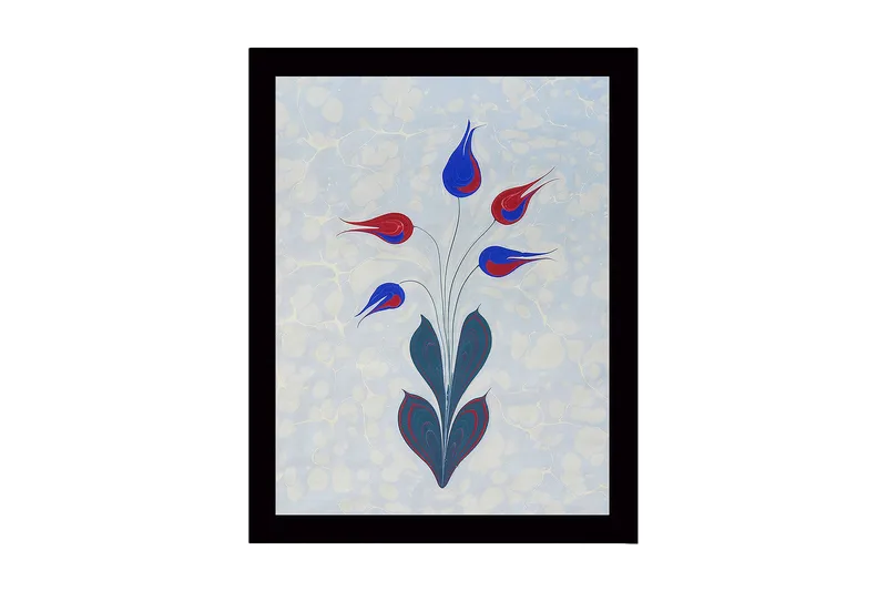 Kehystetty puutaulu canvasille - 41x56 cm - Värikäs kukkakimppu tyylitellyillä nuppuilla, Punainen / Sininen / Vihreä