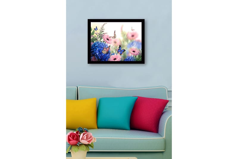 Kehystetty puutaulu canvasille - 41x56 cm - Värikäs kokoelma kukkia ja lennossa olevia perhosia - Sininen / Vaaleanpunainen / Vihreä - Sisustustuotteet - Taulu & taide
