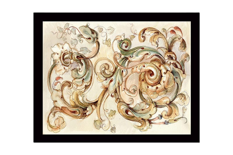 Kehystetty puutaulu canvasille - 41x56 cm - Elegantit kääröt ja kukat harmonisessa sommitelmassa, Vaaleanvihreä / Beige / Ruskea