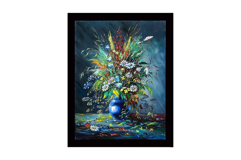 Kehystetty puutaulu canvasille - 41x56 cm - Värikäs kukkakimppu sinisessä maljakossa, Sininen / Vihreä / Valkoinen