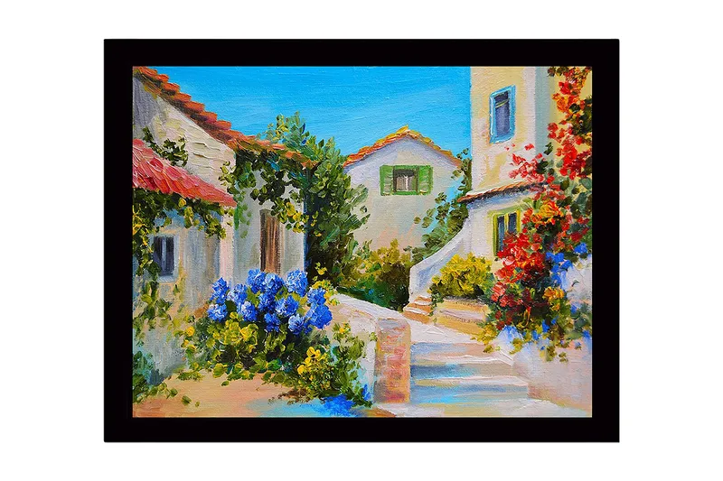 Kehystetty puukangas - 41x56 cm - Kaunis välimerellinen ympäristö kukilla ja kirkkaanvärisillä taloilla, Sininen / Vihreä / Punainen