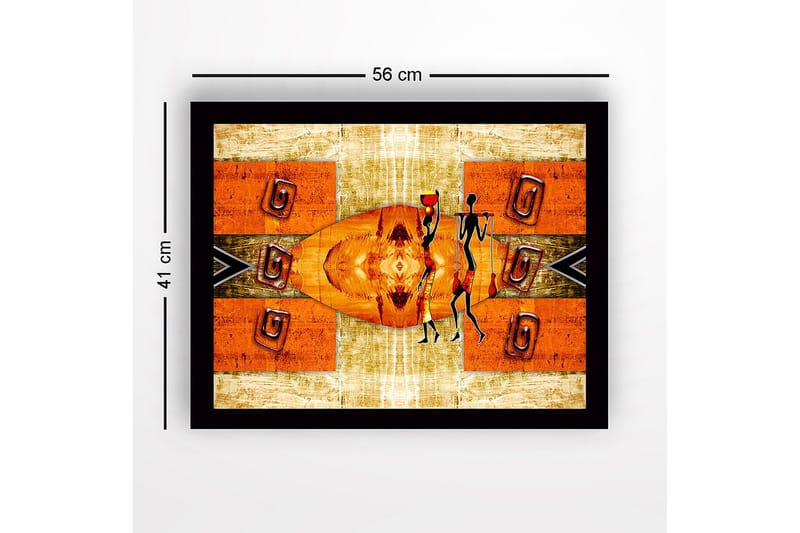 Kehystetty puukangas - 41x56 cm - Abstrakti maisema tyylitellyistä hahmoista, jotka kantavat vesiruukkuja - Oranssi / Musta / Beige - Sisustustuotteet - Taulu & taide