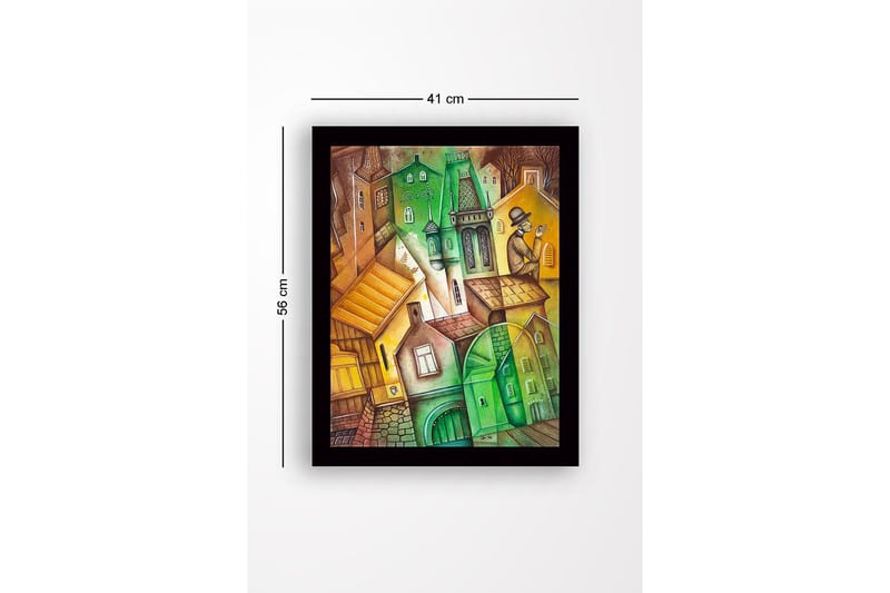 Kehystetty puutaulu canvasille - 41x56 cm - Abstrakti kaupunkikuva kulmikkailla rakennuksilla ja hattupäinen mies - Vihreä / Ruskea / Keltainen - Sisustustuotteet - Taulu & taide