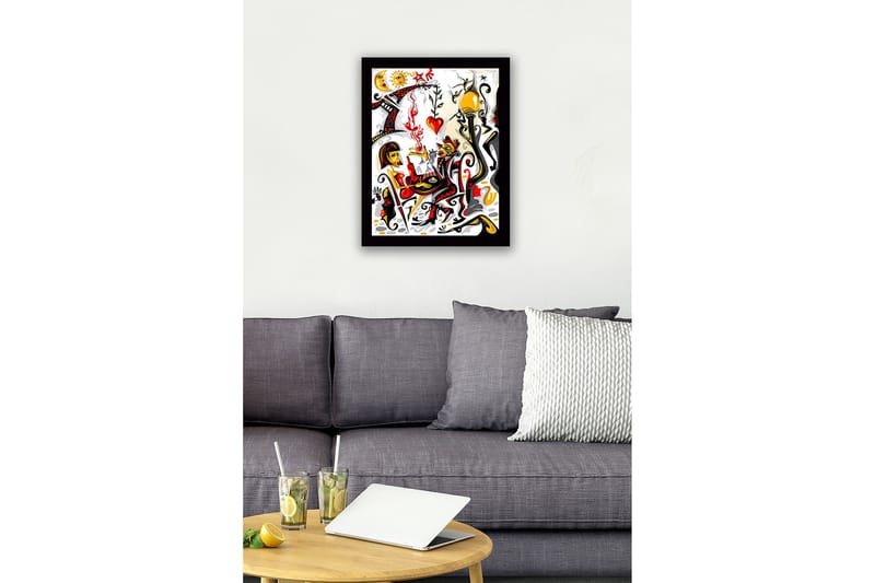 Kehystetty puinen canvas-taulu - 41x56 cm - Värikäs näkymä kahdesta hahmosta, jotka vuorovaikuttavat romanttisessa tunnelmassa - Punainen / Musta / Keltainen - Sisustustuotteet - Taulu & taide