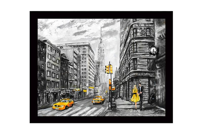 Kehystetty puutaulu canvasille - 41x56 cm - Vilkas kaupunkikuva naisesta keltaisessa mekossa ja keltaisista takseista, Keltainen / Musta / Harmaa