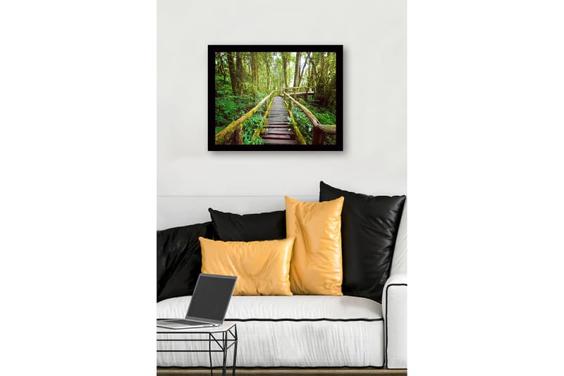 Kehystetty puutaulu canvasille - 41x56 cm - Rehevä metsäpolku puisilla silloilla - Vihreä / Ruskea / Keltavihreä - Sisustustuotteet - Taulu & taide