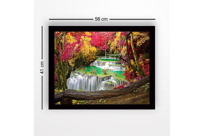 Kehystetty puutaulu canvasille - 41x56 cm - Kaunis vesiputous ympäröivillä syksyn väreillä - Punainen / Keltainen / Turkoosi - Sisustustuotteet - Taulu & taide