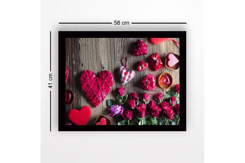 Kehystetty puinen canvas-taulu - 41x56 cm - Romanttinen kokoelma sydämenmuotoisia koristeita ja ruusuja - Punainen / Vaaleanpunainen / Vihreä - Sisustustuotteet - Taulu & taide