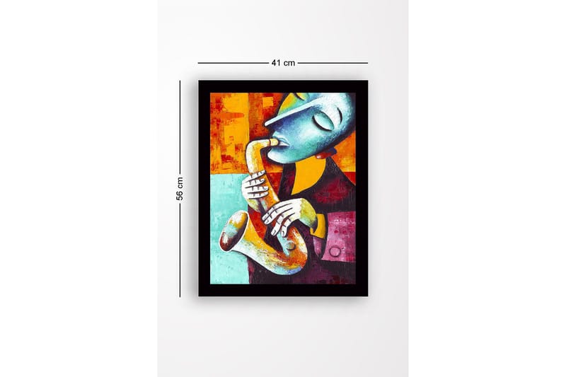Kehystetty puutaulu canvas-taululla - 41x56 cm - Saksofonia soittava muusikko ilmeikkäine kasvonpiirteineen - Turkoosi / Oranssi / Tummanpunainen - Sisustustuotteet - Taulu & taide